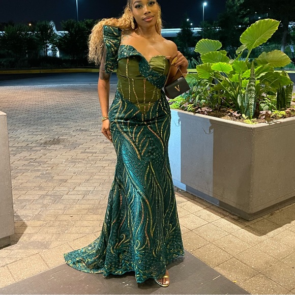 Custom African Floor-length Gown Green and Gold - Picture 1 of 5
